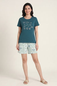 Zivame Shell Print Knit Cotton Short Set - Surf Spray — thumbnail 2